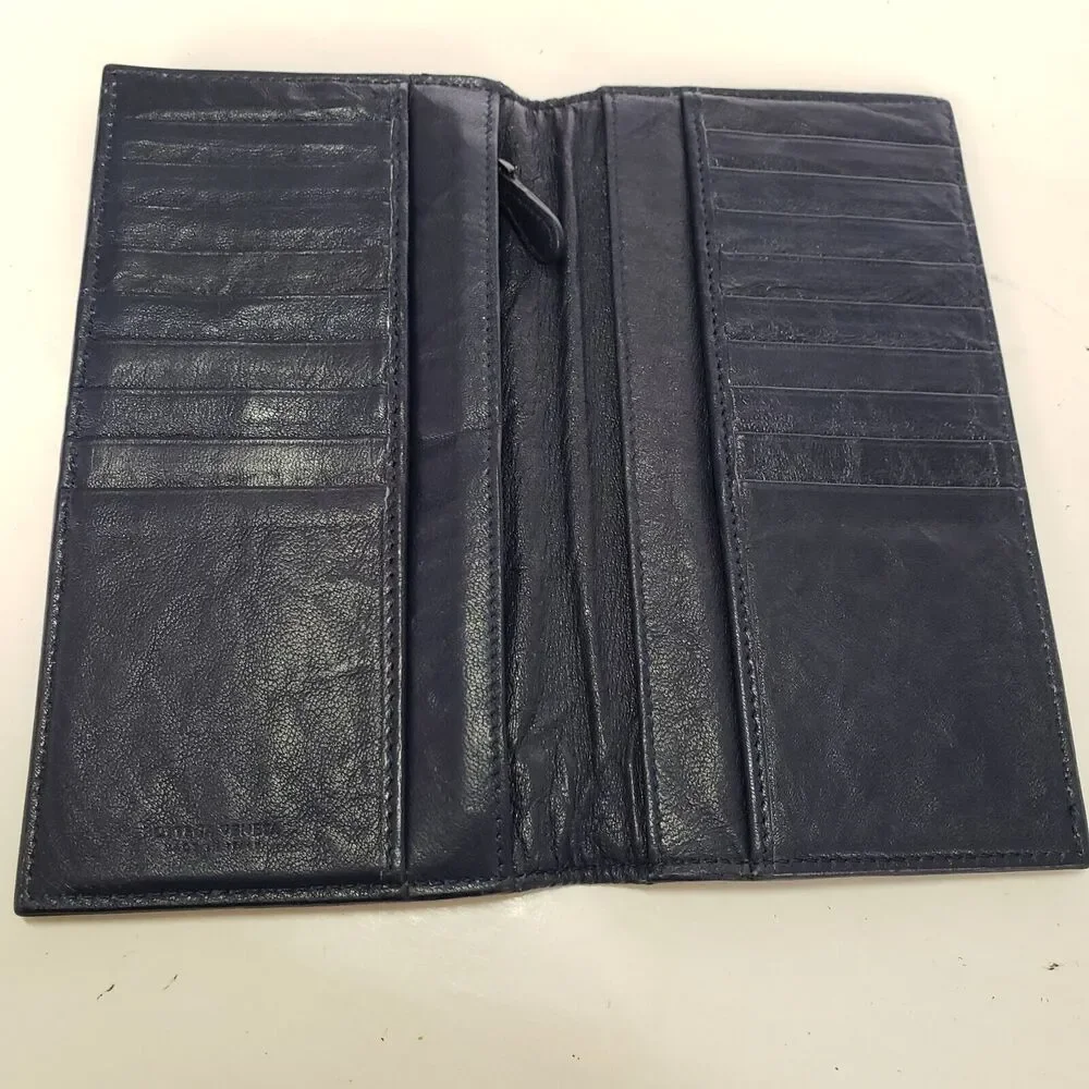 BOTTEGA VENETA Interatiato Woven Blue Leather Bifold Wallet Large Multi‎ Card